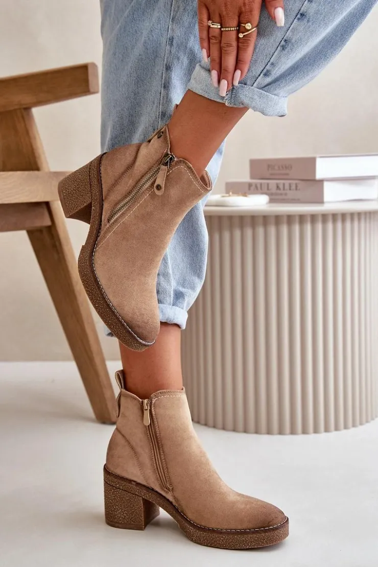 Boto Botki Ocieplane|Brązowe I Beżowe Botki*Ocieplane Botki Damskie Na Słupku Z Eko Zamszu Beżowe Velarilla