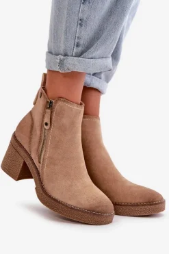 Boto Botki Ocieplane|Brązowe I Beżowe Botki*Ocieplane Botki Damskie Na Słupku Z Eko Zamszu Beżowe Velarilla