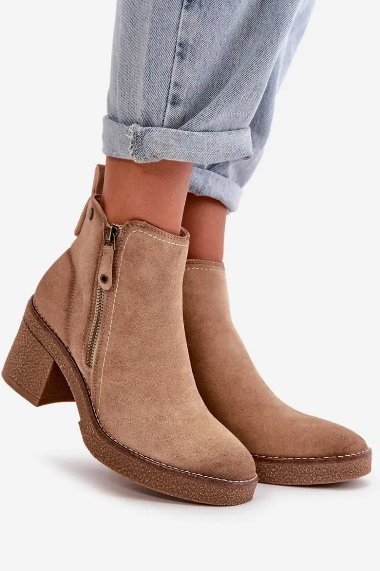 Boto Botki Ocieplane|Brązowe I Beżowe Botki*Ocieplane Botki Damskie Na Słupku Z Eko Zamszu Beżowe Velarilla