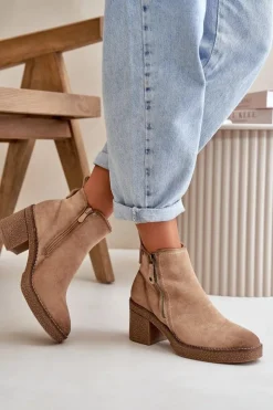 Boto Botki Ocieplane|Brązowe I Beżowe Botki*Ocieplane Botki Damskie Na Słupku Z Eko Zamszu Beżowe Velarilla