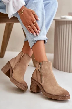 Boto Botki Ocieplane|Brązowe I Beżowe Botki*Ocieplane Botki Damskie Na Słupku Z Eko Zamszu Beżowe Velarilla