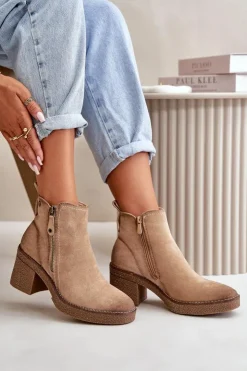 Boto Botki Ocieplane|Brązowe I Beżowe Botki*Ocieplane Botki Damskie Na Słupku Z Eko Zamszu Beżowe Velarilla