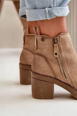 Boto Botki Ocieplane|Brązowe I Beżowe Botki*Ocieplane Botki Damskie Na Słupku Z Eko Zamszu Beżowe Velarilla