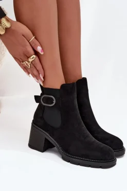Damskie Boto Ocieplane Botki Damskie Na Słupku Z Ozdobną Klamrą Czarne Melara