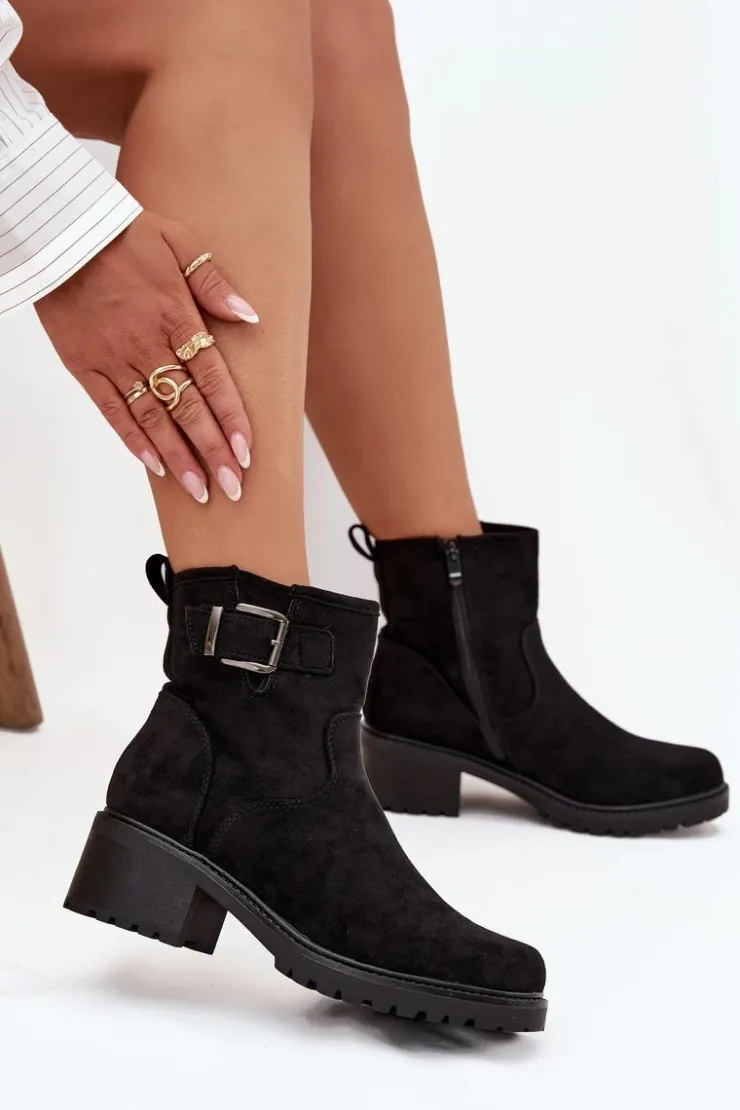 Boto Botki Ocieplane|Brązowe I Beżowe Botki*Ocieplane Botki Damskie Na Niskim Obcasie Klocku Z Klamrą Czarne Helvina