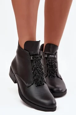 Hot Damskie buty S.Barski Ocieplane Botki Damskie Na Płaskim Obcasie S.Barski HY42-713 Czarne