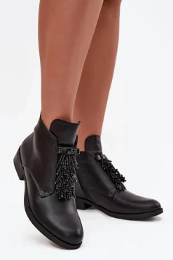 Hot Damskie buty S.Barski Ocieplane Botki Damskie Na Płaskim Obcasie S.Barski HY42-713 Czarne