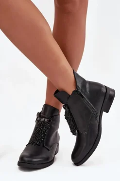 Hot Damskie buty S.Barski Ocieplane Botki Damskie Na Płaskim Obcasie S.Barski HY42-713 Czarne