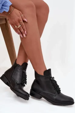 Hot Damskie buty S.Barski Ocieplane Botki Damskie Na Płaskim Obcasie S.Barski HY42-713 Czarne