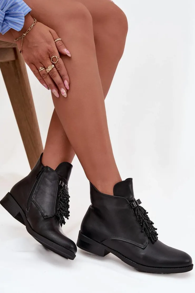 Hot Damskie buty S.Barski Ocieplane Botki Damskie Na Płaskim Obcasie S.Barski HY42-713 Czarne