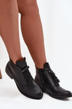 Hot Damskie buty S.Barski Ocieplane Botki Damskie Na Płaskim Obcasie S.Barski HY42-713 Czarne