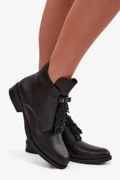 Hot Damskie buty S.Barski Ocieplane Botki Damskie Na Płaskim Obcasie S.Barski HY42-713 Czarne