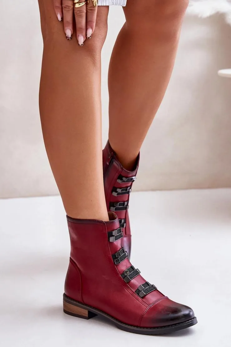 Outlet Boto Ocieplane Botki Damskie Na Zamek Bordowe Evalith