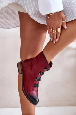 Outlet Boto Ocieplane Botki Damskie Na Zamek Bordowe Evalith