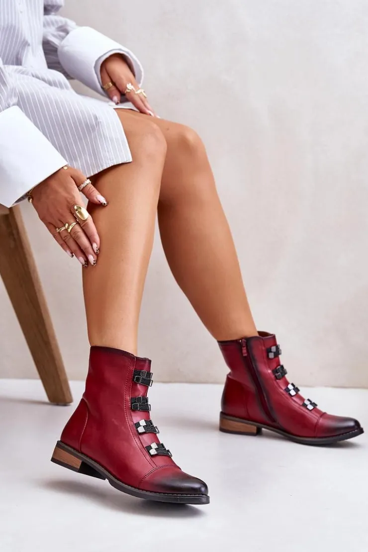 Outlet Boto Ocieplane Botki Damskie Na Zamek Bordowe Evalith