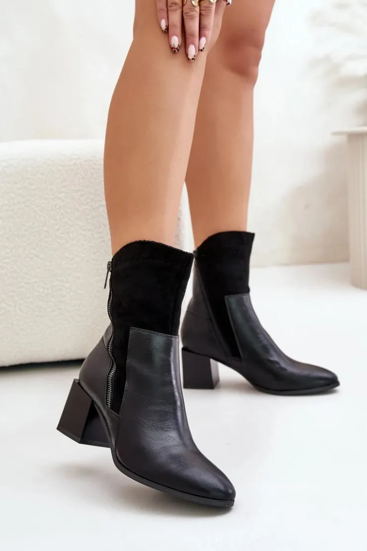 Boto Botki Ocieplane|Czarne Botki*Ocieplane Botki Damskie Na Obcasie Słupku Czarne Relabina Czarny