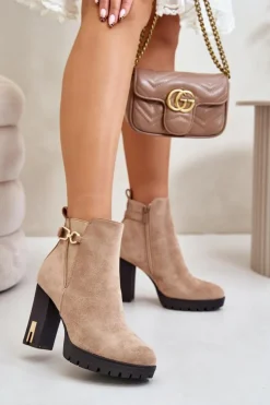 Boto Botki Na Obcasie|Botki Zamszowe*Ocieplane Botki Damskie Na Wysokim Obcasie Słupku Beżowe Terisanna