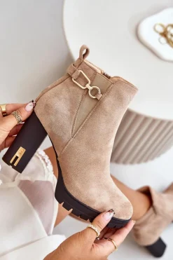 Boto Botki Na Obcasie|Botki Zamszowe*Ocieplane Botki Damskie Na Wysokim Obcasie Słupku Beżowe Terisanna