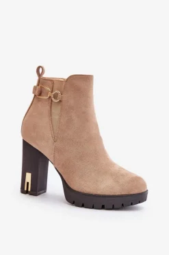 Boto Botki Na Obcasie|Botki Zamszowe*Ocieplane Botki Damskie Na Wysokim Obcasie Słupku Beżowe Terisanna