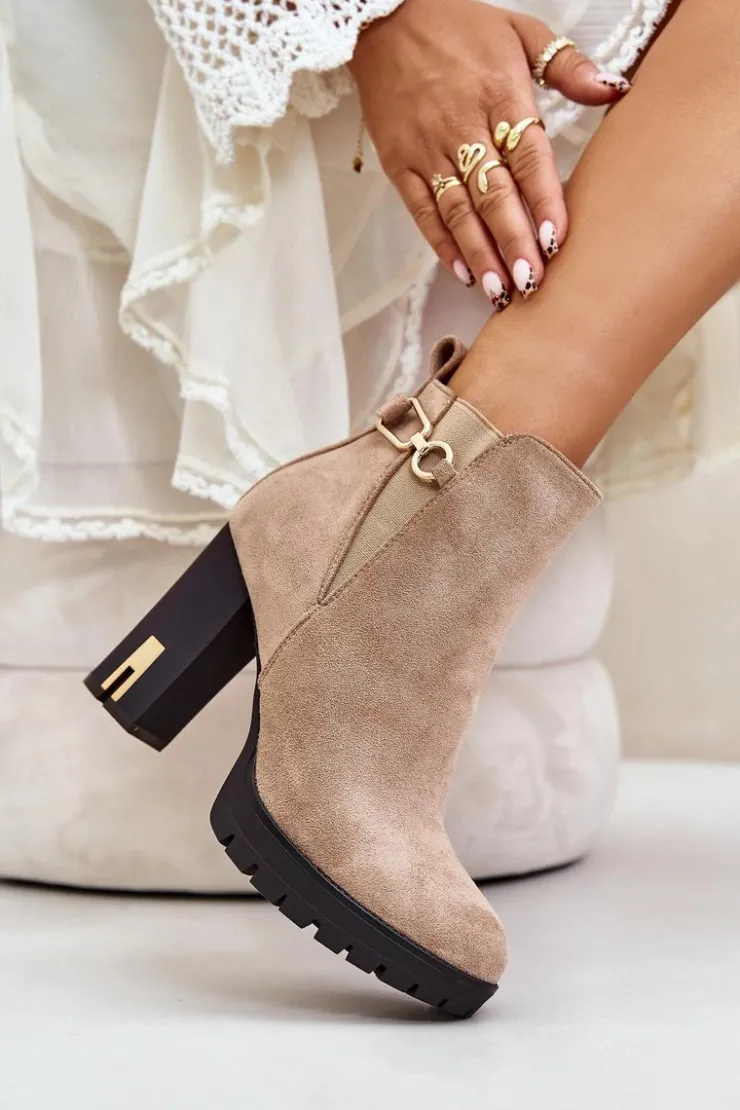 Boto Botki Na Obcasie|Botki Zamszowe*Ocieplane Botki Damskie Na Wysokim Obcasie Słupku Beżowe Terisanna