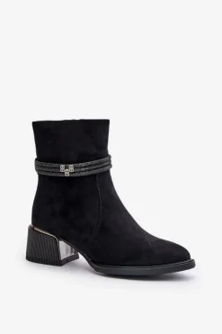 Damskie Damskie buty S.Barski Ocieplane Botki Damskie Na Niskim Obcasie Z Ozdobnymi Paskami D&A MR880-027 Czarne