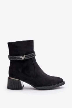 Damskie Damskie buty S.Barski Ocieplane Botki Damskie Na Niskim Obcasie Z Ozdobnymi Paskami D&A MR880-027 Czarne