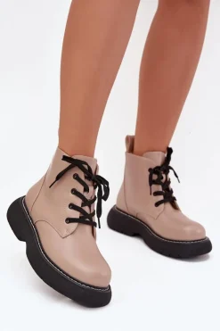 Damskie Boto Ocieplane Botki Damskie Na Platformie Sznurowane Ciemnobeżowe Harmine