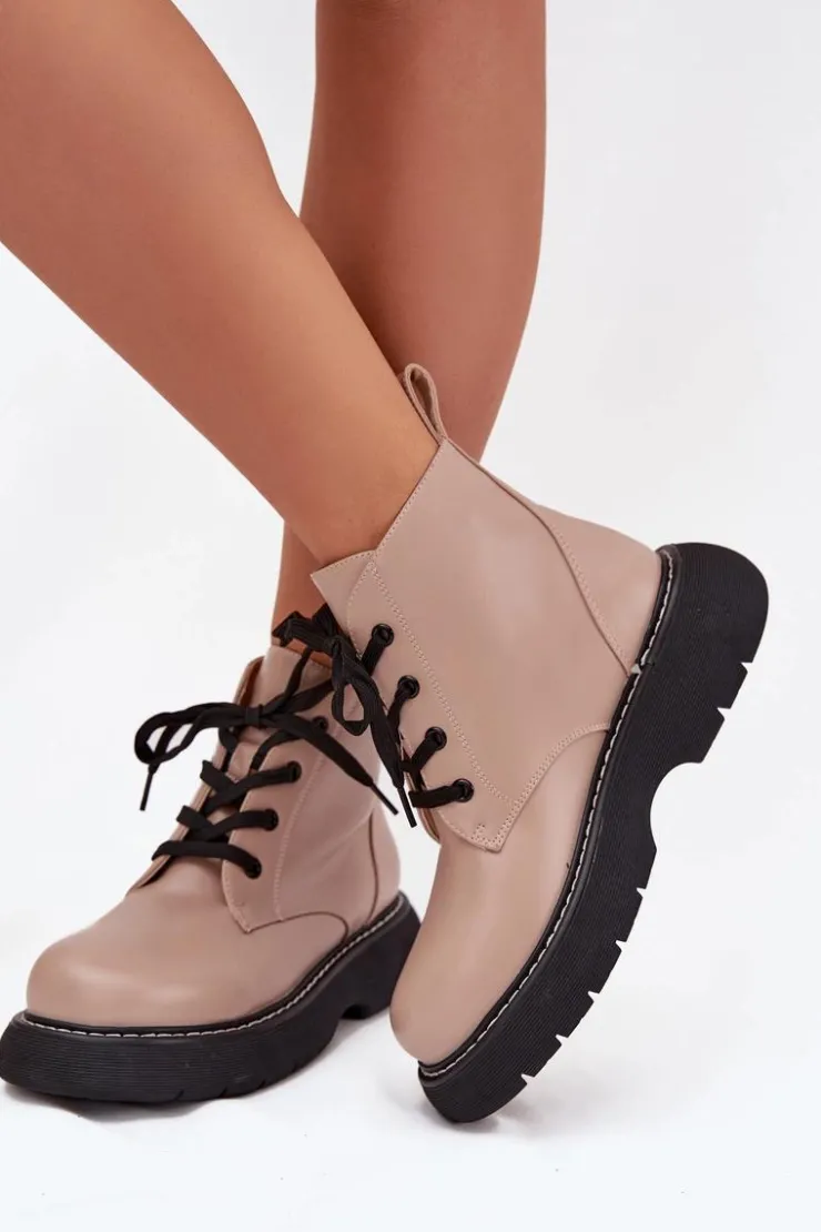 Damskie Boto Ocieplane Botki Damskie Na Platformie Sznurowane Ciemnobeżowe Harmine