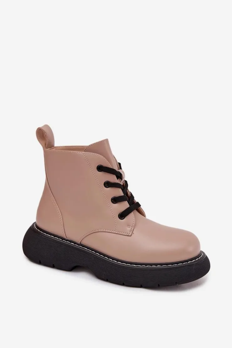 Damskie Boto Ocieplane Botki Damskie Na Platformie Sznurowane Ciemnobeżowe Harmine