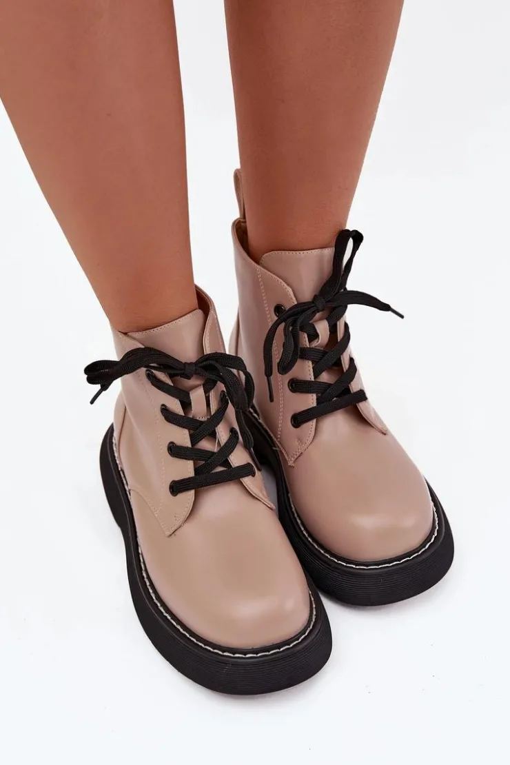 Damskie Boto Ocieplane Botki Damskie Na Platformie Sznurowane Ciemnobeżowe Harmine