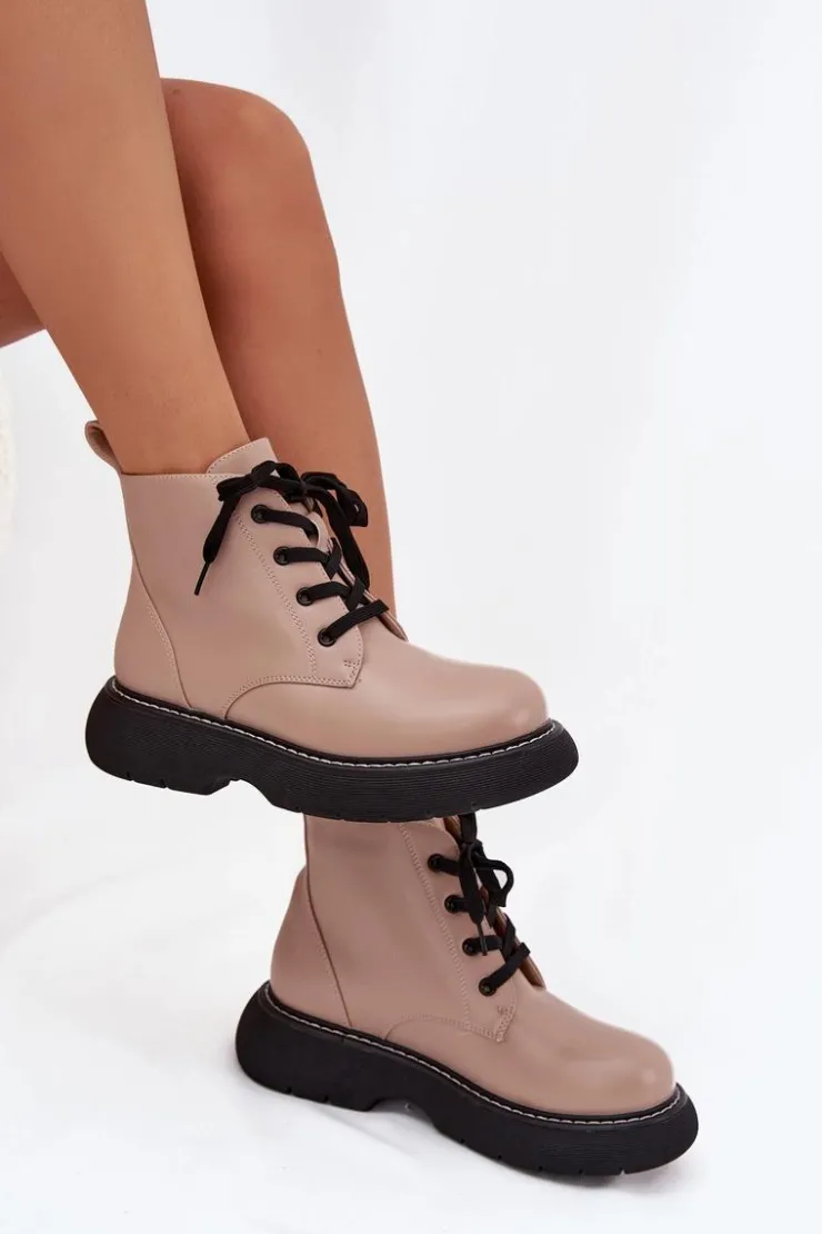 Damskie Boto Ocieplane Botki Damskie Na Platformie Sznurowane Ciemnobeżowe Harmine