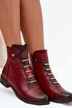 Damskie Boto Ocieplane Botki Damskie Na Płaskim Obcasie Zwierzęcy Wzór Bordowe Labise