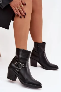 Boto Botki Ocieplane|Botki Skórzane*Ocieplane Botki Damskie Na Słupku Z Ozdobnym Elementem Czarne Jurelle Czarny