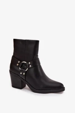 Boto Botki Ocieplane|Botki Skórzane*Ocieplane Botki Damskie Na Słupku Z Ozdobnym Elementem Czarne Jurelle Czarny