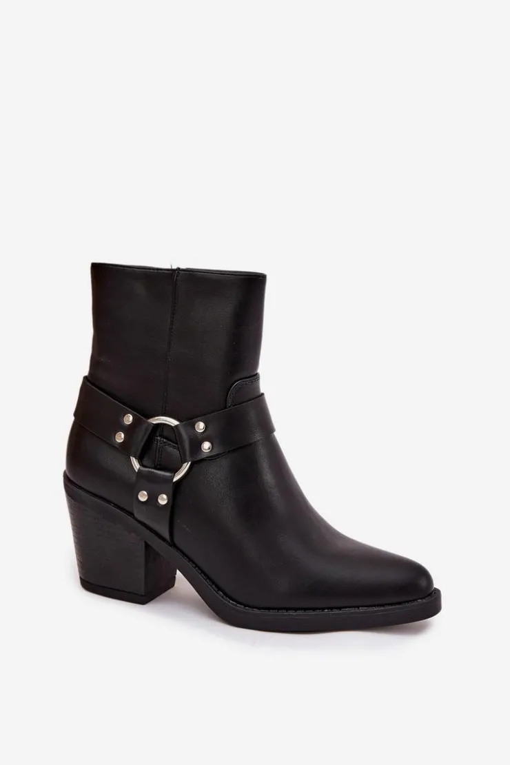 Boto Botki Ocieplane|Botki Skórzane*Ocieplane Botki Damskie Na Słupku Z Ozdobnym Elementem Czarne Jurelle Czarny