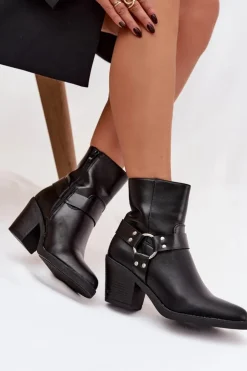 Boto Botki Ocieplane|Botki Skórzane*Ocieplane Botki Damskie Na Słupku Z Ozdobnym Elementem Czarne Jurelle Czarny