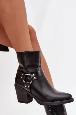 Boto Botki Ocieplane|Botki Skórzane*Ocieplane Botki Damskie Na Słupku Z Ozdobnym Elementem Czarne Jurelle Czarny