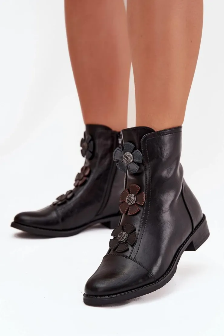Online Boto Ocieplane Botki Damskie Na Płaskim Obcasie Z Ozdobnymi Kwiatkami Czarne Pravienne Czarny