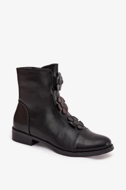 Online Boto Ocieplane Botki Damskie Na Płaskim Obcasie Z Ozdobnymi Kwiatkami Czarne Pravienne Czarny