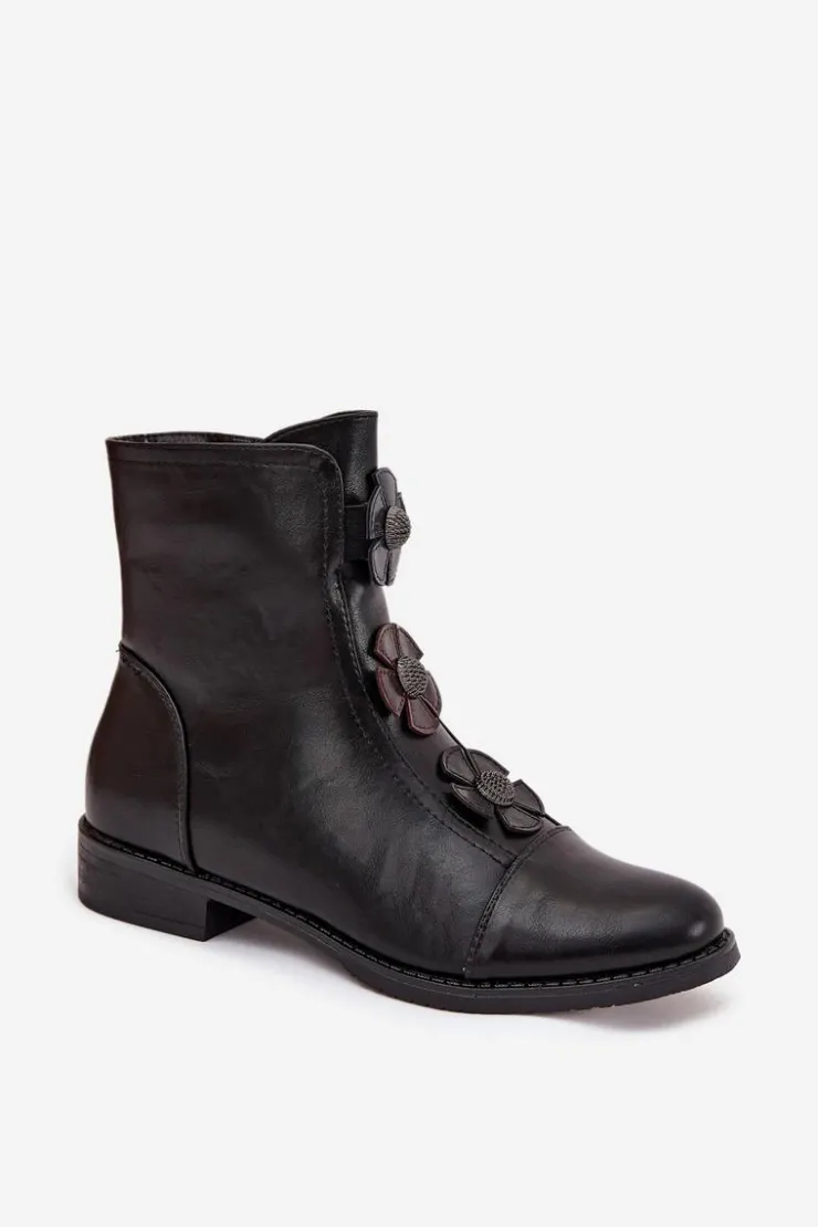 Online Boto Ocieplane Botki Damskie Na Płaskim Obcasie Z Ozdobnymi Kwiatkami Czarne Pravienne Czarny