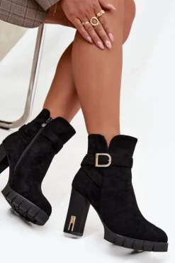 Damskie Boto Ocieplane Botki Damskie Na Słupku Z Klamrą Czarne Nolivira