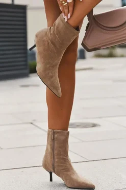 Boto Botki Ocieplane|Botki Na Obcasie*Ocieplane Botki Damskie Na Szpilce Eko Zamszowe Beżowe Belisse Beżowy