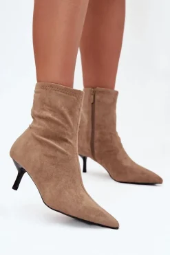 Boto Botki Ocieplane|Botki Na Obcasie*Ocieplane Botki Damskie Na Szpilce Eko Zamszowe Beżowe Belisse Beżowy