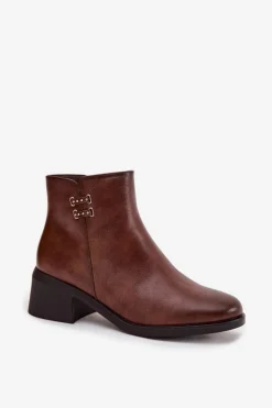 Evento Botki Ocieplane|Czarne Botki*Ocieplane Botki Damskie Na Klocku Brązowe Delmira Brązowy