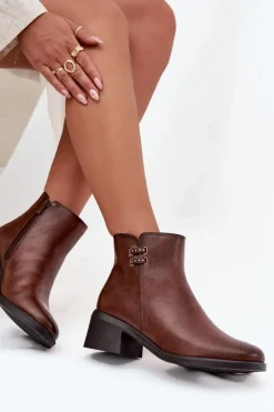 Evento Botki Ocieplane|Czarne Botki*Ocieplane Botki Damskie Na Klocku Brązowe Delmira Brązowy