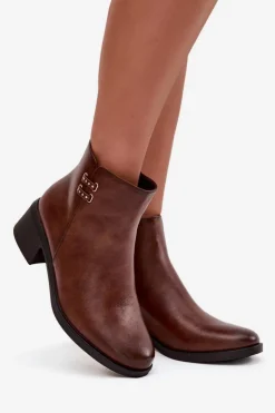 Evento Botki Ocieplane|Czarne Botki*Ocieplane Botki Damskie Na Klocku Brązowe Delmira Brązowy