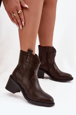 Outlet Boto Ocieplane Botki Damskie Na Obcasie Czekoladowe Brilynn Brązowy
