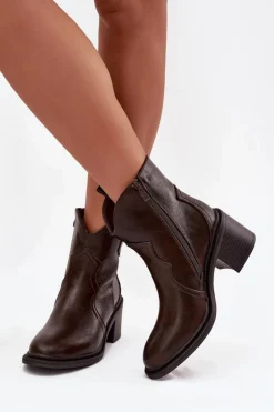 Outlet Boto Ocieplane Botki Damskie Na Obcasie Czekoladowe Brilynn Brązowy