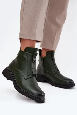 Damskie Boto Ocieplane Botki Damskie Na Zamek Z Ozdobnym Detalem Ciemnozielone Roselle