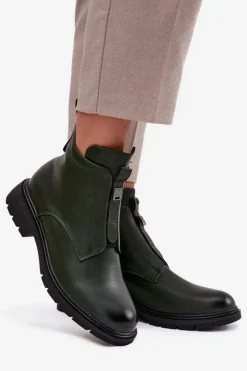 Damskie Boto Ocieplane Botki Damskie Na Zamek Z Ozdobnym Detalem Ciemnozielone Roselle